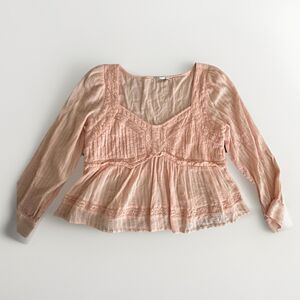 American Eagle Women Medium Y2K Coral Lacy‎ Trim Long Sleeve Cropped Babydoll